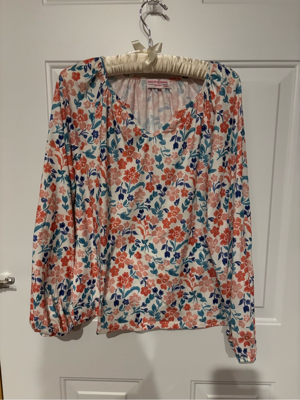 Floral V-Neck Long Sleeve Top - White with Coral & Blue Flowers. Medium.